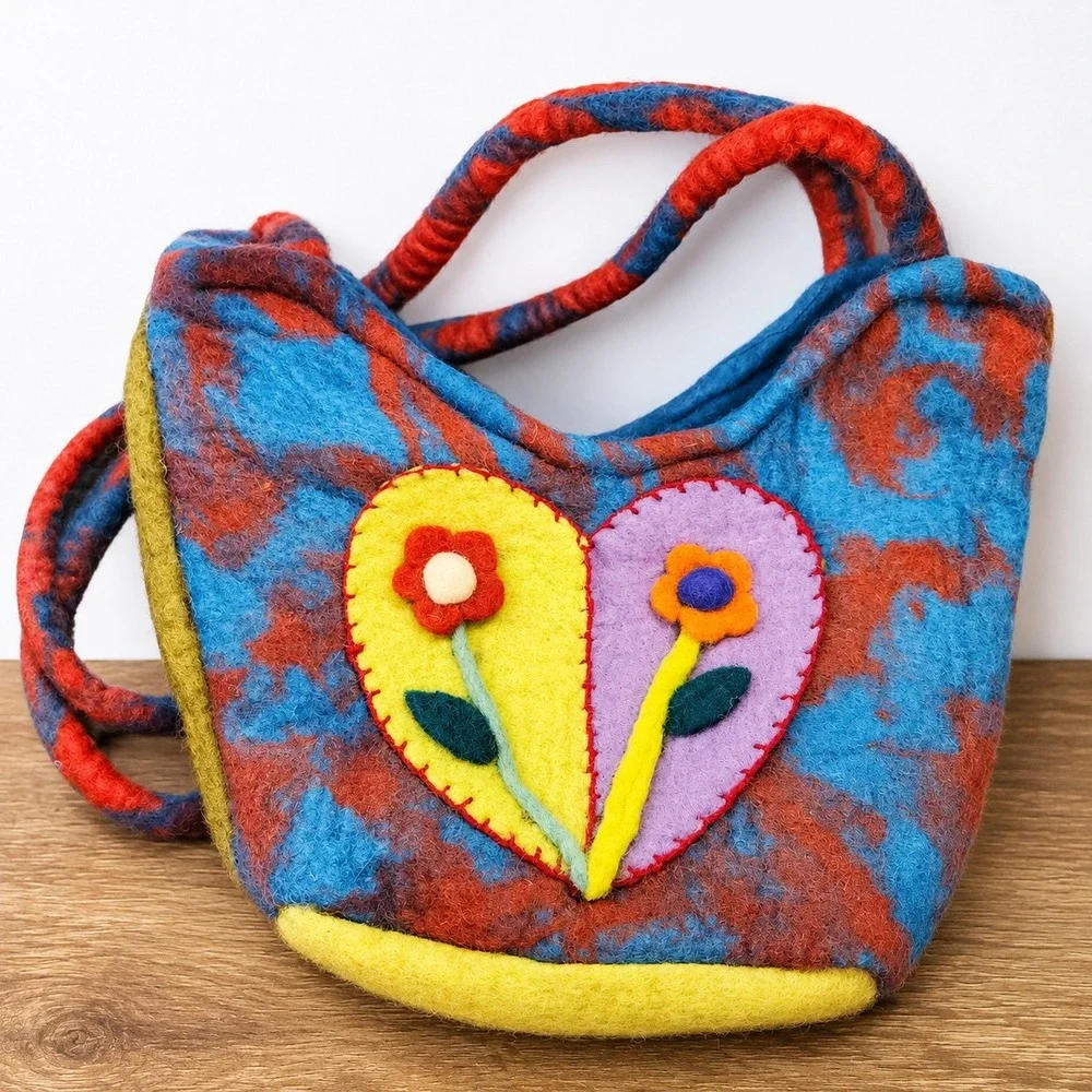 Vintage Handmade Felted Wool Double Strap Bag Purse Boho Hippie‎ Flower Tie Dye